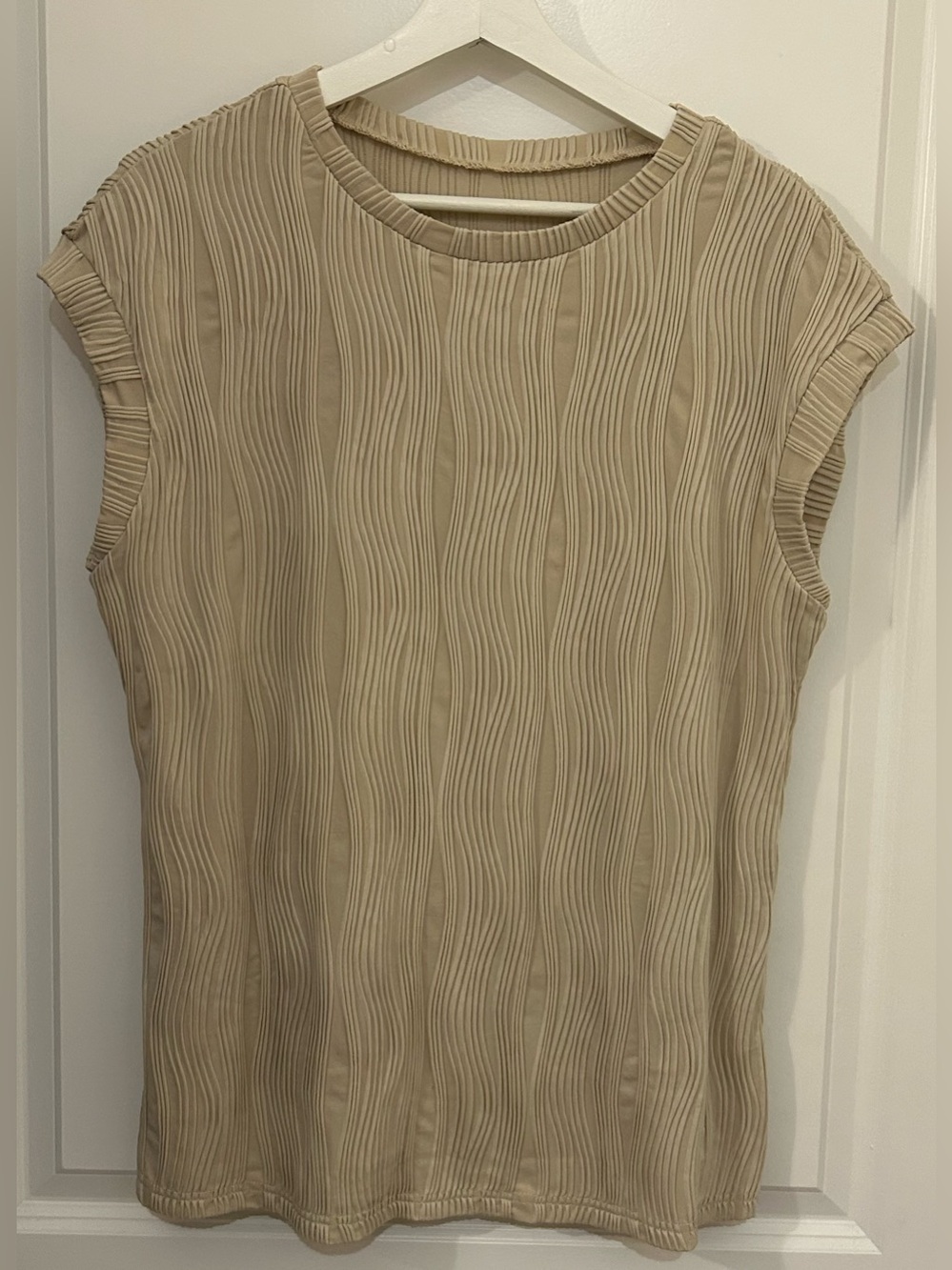 Women’s Neutral Ribbed Textured Cap Sleeve Top Blouse Beige/Taupe Size Large